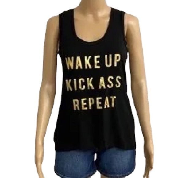 Women's Workout Sleeveless Tank Top. Black. Small. Wake Up. Kick Ass. Repeat - Picture 1 of 7